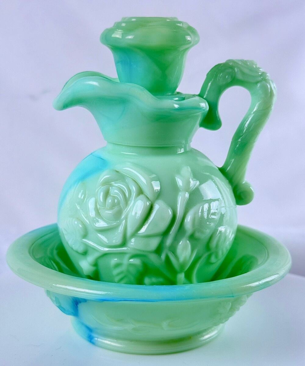Avon Jadeite Pitcher Soap Dish Bath Oil Skin-So-Soft Green Victorian Vintage